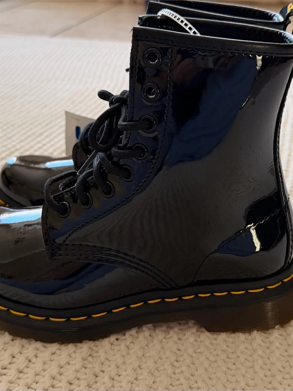 Dr. Martens Kids Black Patent Lace-Up Ankle Boots with Yellow Stitching